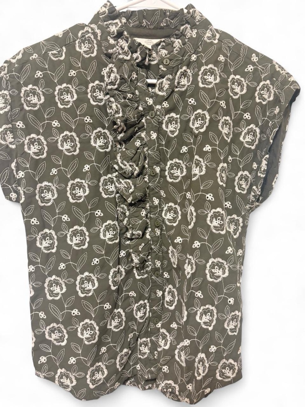 ENTRO Floral Ruffle Front Women's Top - Olive Green Sz S